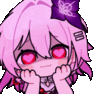 Anime girl with pink hair and heart-shaped eyes resting her chin on her hands with an adoring expression.
