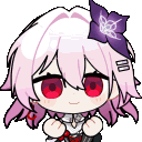 A chibi anime girl with pink hair and red eyes blushes and changes expressions.