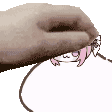 A human hand repeatedly pats the top of a small, pink-haired anime character with a smug expression.