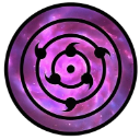 A circular symbol featuring a central dot surrounded by concentric rings and three curved blades against a purple galaxy bac…