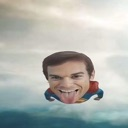A superhero with an oversized head flying through clouds while sticking his tongue out.