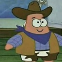 Patrick Star wearing a brown cowboy hat and vest with a blue bandana.