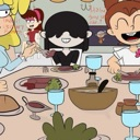Cartoon characters sitting at a dinner table with varied expressions while eating a meal.