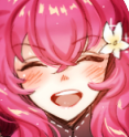 Anime girl with pink hair and a white flower in her hair smiling brightly with a joyful expression.