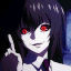 Anime girl with long dark hair and glowing red eyes crossing her fingers with a sinister smile.