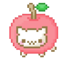 A white cat face with a happy expression peeking out from inside a pink apple with a green leaf on top.