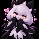 A cute, pale-skinned creature with dark, wing-like features and red eyes, blushing while surrounded by pink hearts.