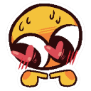 Yellow smiley face with heart-shaped eyes and blushing cheeks, tapping fingers together in a shy gesture.