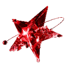 A sharp, multifaceted star glowing with intense red light against a black background.