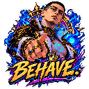 A stylized man wearing a crown points his finger forward with the word BEHAVE written in gold text below him.