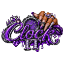 Hand with long manicured nails positioned above the purple glittery text Clock It.