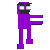A purple pixelated character with a wide grin and large eyes walking forward.