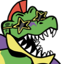 An anthropomorphic green alligator with a red mohawk and star-shaped sunglasses roaring with excitement.