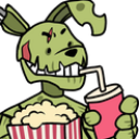 A green, damaged animatronic rabbit with a wide grin holds a bucket of popcorn and a pink drink with a straw.