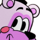 A purple cartoon bear peeking into the frame with a suspicious side-eye expression.