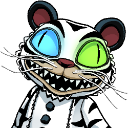A white plush tiger with a manic grin and mismatched blue and green eyes.