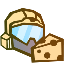 A soldier wearing a helmet and visor holding a piece of Swiss cheese.