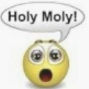 A yellow 3D smiley face with wide eyes and an open mouth has a speech bubble above it that says Holy Moly.