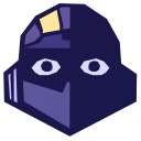 A dark-colored character head with wide, unblinking eyes and a small yellow patch on its forehead.