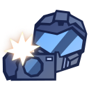 A stylized soldier in blue armor holding a camera that is emitting a bright white flash.