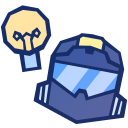 A blue tactical helmet with a visor sits next to a glowing yellow lightbulb icon.