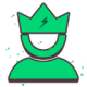 A green pixelated figure wearing a crown with a lightning bolt symbol.