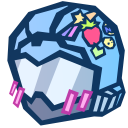 A blue tactical helmet with colorful stickers and pink blush marks on the visor.
