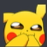 Pikachu with a mischievous, sly grin and hands covering its mouth.