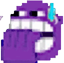 A purple character with a wide, toothy grin biting its nails with a blue sweat drop on its forehead.