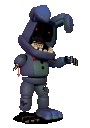 A damaged blue robotic rabbit with hollow eyes and glowing red pupils walks forward.