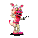 A pink and white animatronic fox character stands with multiple limbs and a wide, toothy grin.