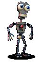A mechanical skeleton with a gray metal frame, wide blue eyes, and a toothy grin standing in a neutral pose.