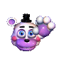 A small white and purple bear character waving its hand in a friendly gesture.
