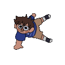 A cartoon boy with brown hair and large eyes performing a series of energetic dance moves.