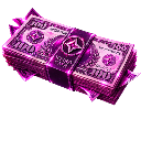A thick stack of purple banknotes glowing with a magical aura.