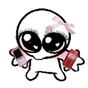 A tiny white creature with massive eyes and a pink bow holds a mobile phone in one hand and a red soda can in the other.