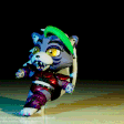 A 3D wolf character with green hair and purple clothing performs a repetitive dance routine against a black background.