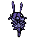 Three identical purple crustacean creatures with antennae standing in a row.