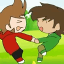 Two cartoon characters in red and green hoodies happily spinning in a circle on a grassy field.