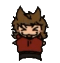 A cartoon character with spiky brown hair and a red hoodie cheering with a wide, joyful expression.