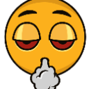 Yellow smiley face with heavy red-rimmed eyes exhaling a small gray cloud of smoke.