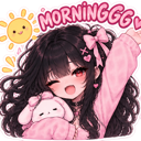 Anime girl with long dark hair and a pink sweater winking and waving while holding a small white plushie under a smiling sun.