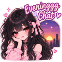 Anime girl with long dark hair and pink bows resting her chin on her hand with a sunset city background and text reading Eve…