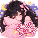 An anime girl with long dark hair sleeping peacefully while hugging a pink pillow with the text Sweet Dreams.