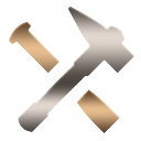 A silver hammer and a gold nail crossed over each other.