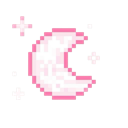 Crescent moon glowing with a soft pink light in a pixel art style.