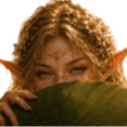 An elf with pointed ears and a headpiece peeking over a green surface with a mysterious expression.