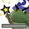 A green frog wearing a blue wizard hat holds a glowing star wand while a progress bar fills up below it.