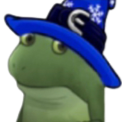 A green frog wearing a blue wizard hat with a snowflake pattern.