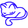 A white cat curled into a ball sleeping, outlined in blue.